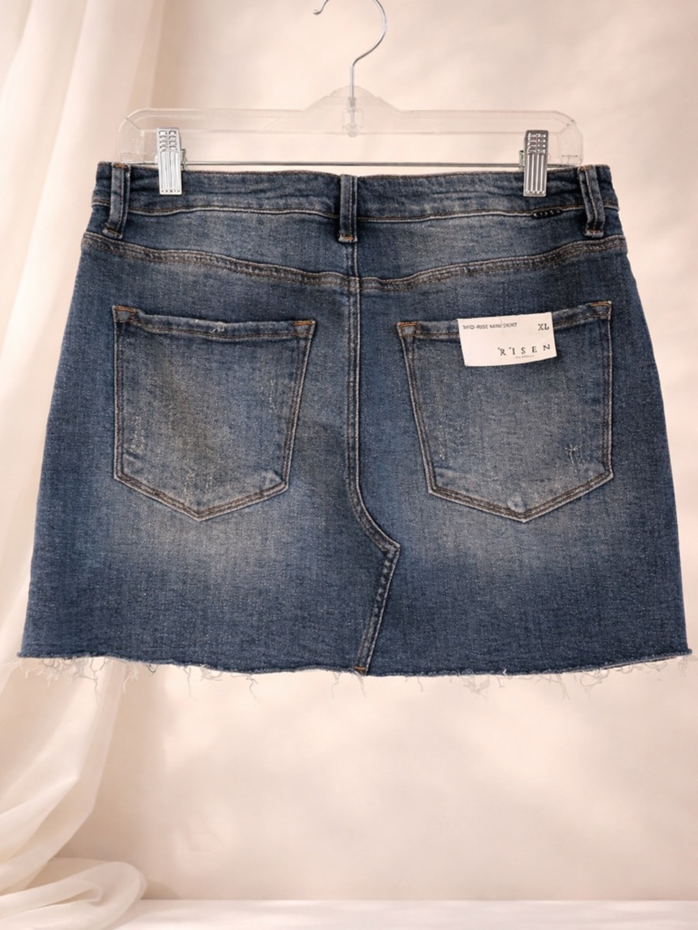 RISEN Distressed Denim Mini Skirt| Raw Hem Mid-Rise| Size: XL - Picture 2 of 6